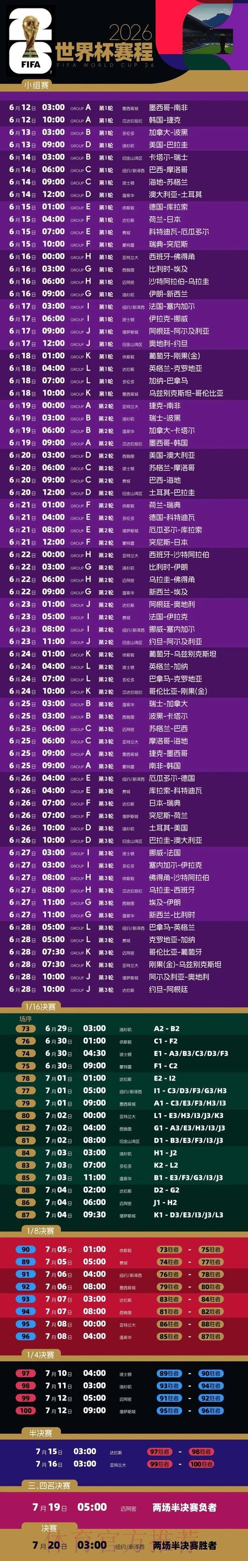 2026世界杯每日赛程今日实时赛程实时查看